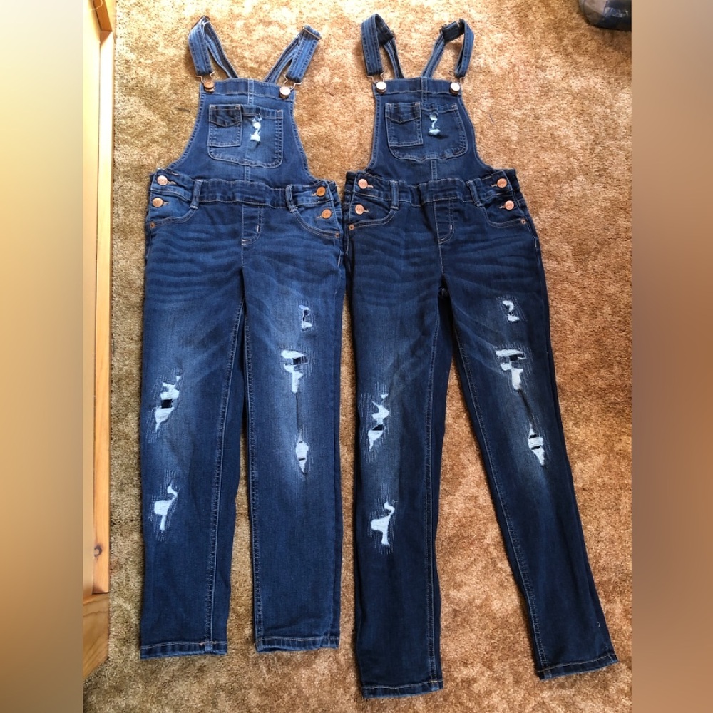 2- Justice Overalls Blue Denim Stretch Bibs Distressed